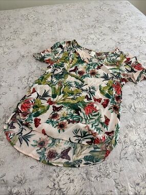 H&M Cream Floral Short Sleeve Blouse with Green & Red Botanical Print
